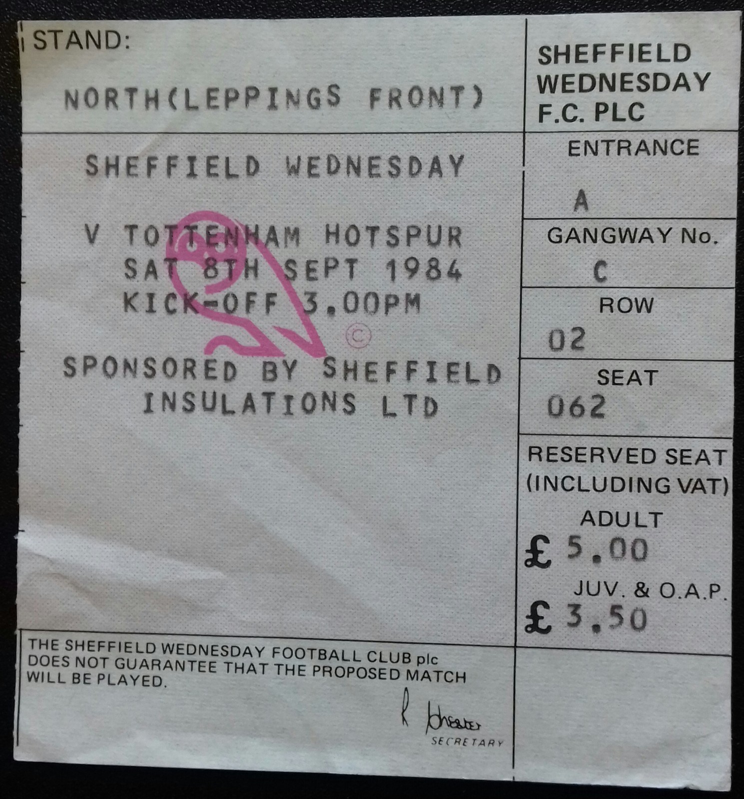 SHEFFIELD WEDNESDAY V TOTTENHAM HOTSPUR (Spurs) 1984/85 MATCH TICKET for sale on Ebay