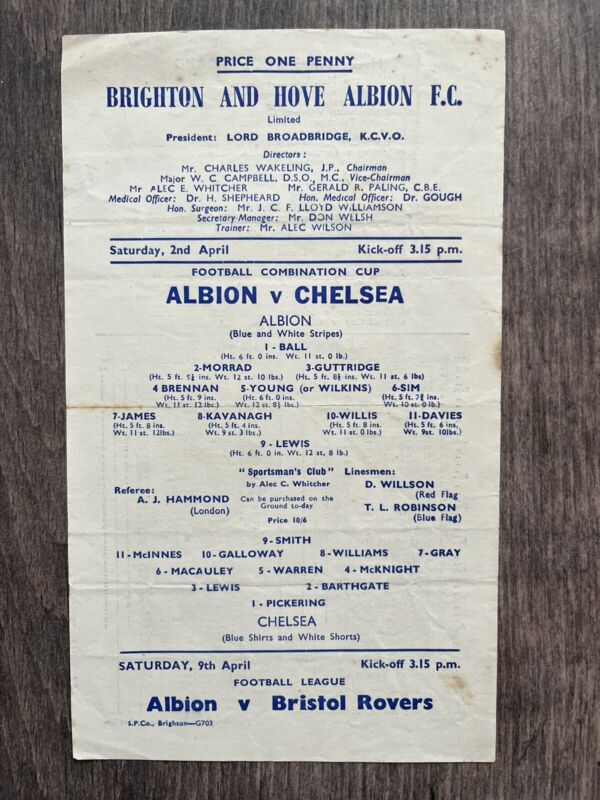 Brighton Res. v Chelsea Reserves 1948/1949 Football Combination Cup for sale on Ebay