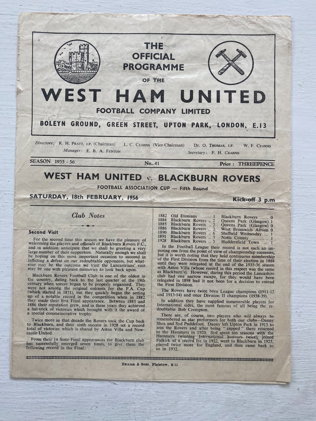 West Ham United v Blackburn Rovers - FA Cup 5th Rd 1956 - 18 February 1956 for sale on Ebay