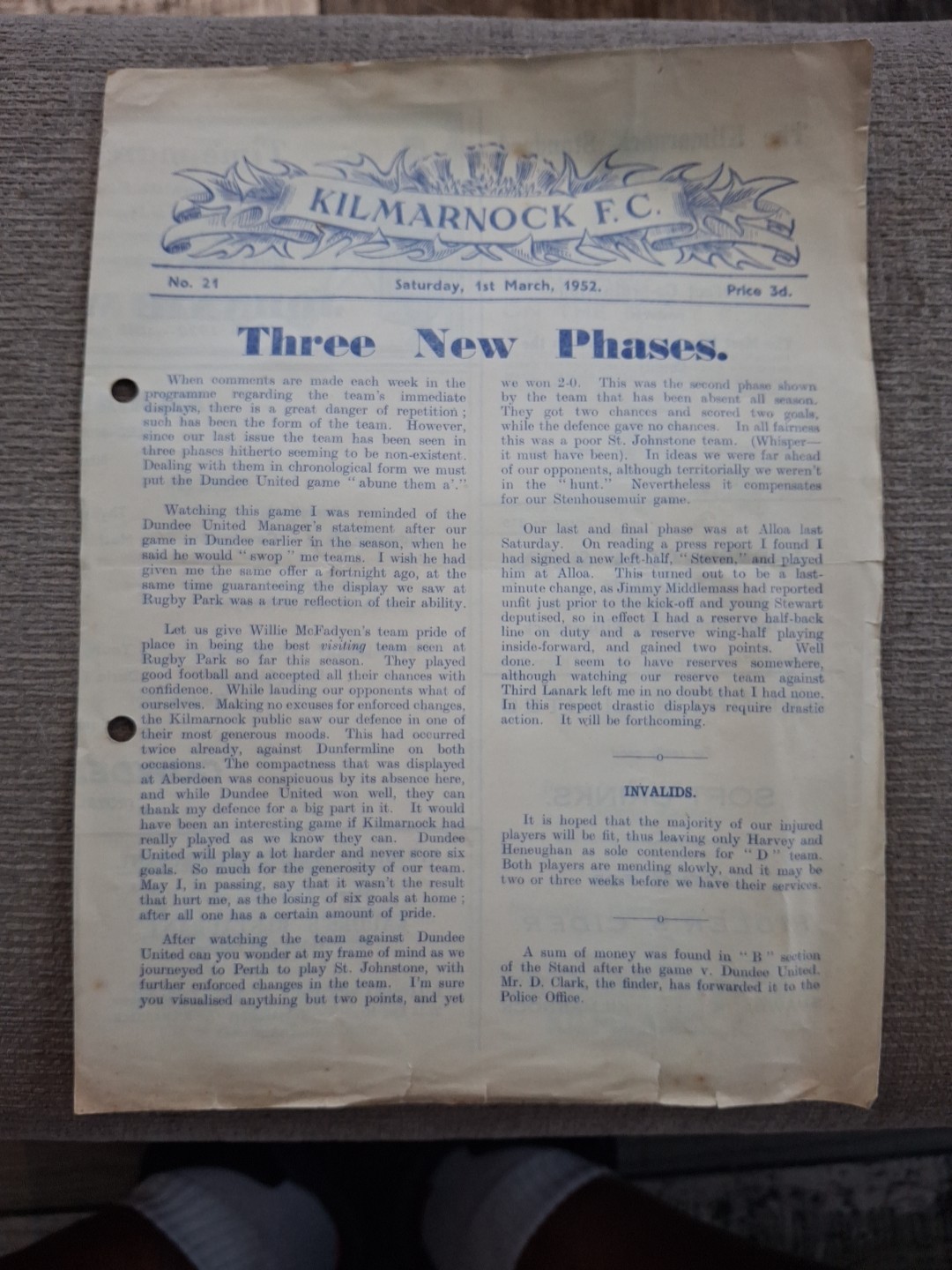 Kilmarnock v Cowdenbeath programme.  1/3/1952 for sale on Ebay