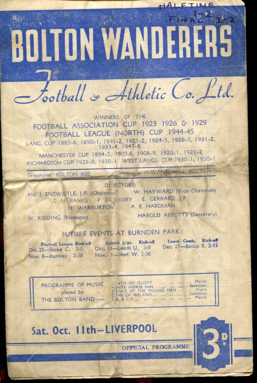 Bolton Wanderers v Liverpool 11/10/52 Division 1 for sale on Ebay