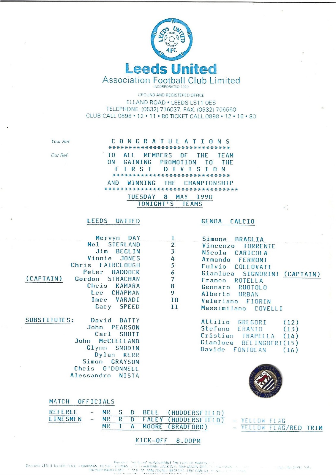 LEEDS UNITED FC  VERSUS GENOA MAY 1990 for sale on Ebay