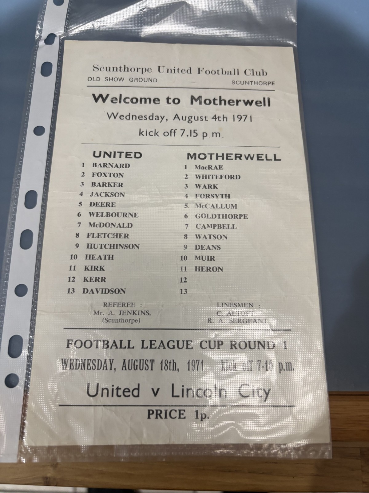 SCUNTHORPE UTD v MOTHERWELL Aug 1971 Friendly for sale on Ebay