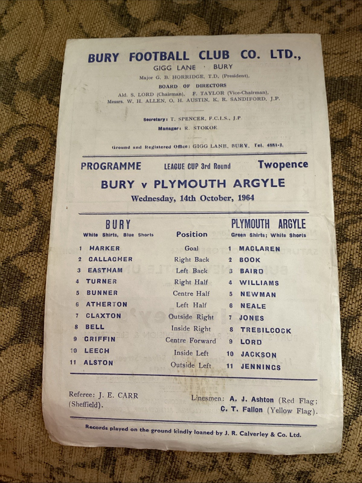 Bury v Plymouth Argyle 1964/65 League Cup Single Sheet for sale on Ebay