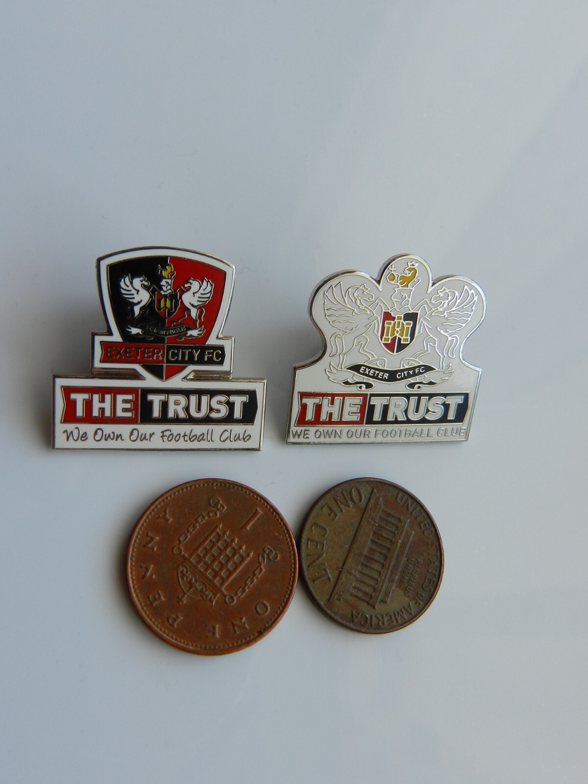TWO ENAMEL FOOTBALL BADGES, EXETER CITY, THE TRUST. WE OWN OUR FOOTBALL CLUB. for sale on Ebay