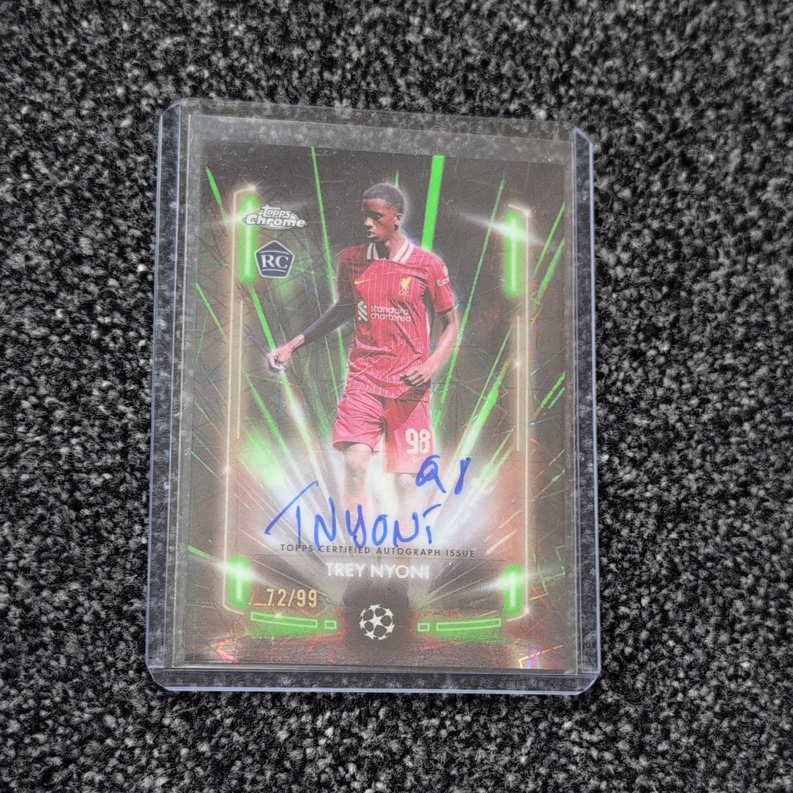 Topps Chrome 2025 UCC Liverpool, Trey Nyoni, Green /99 Auto RC Rookie Lazer for sale on Ebay