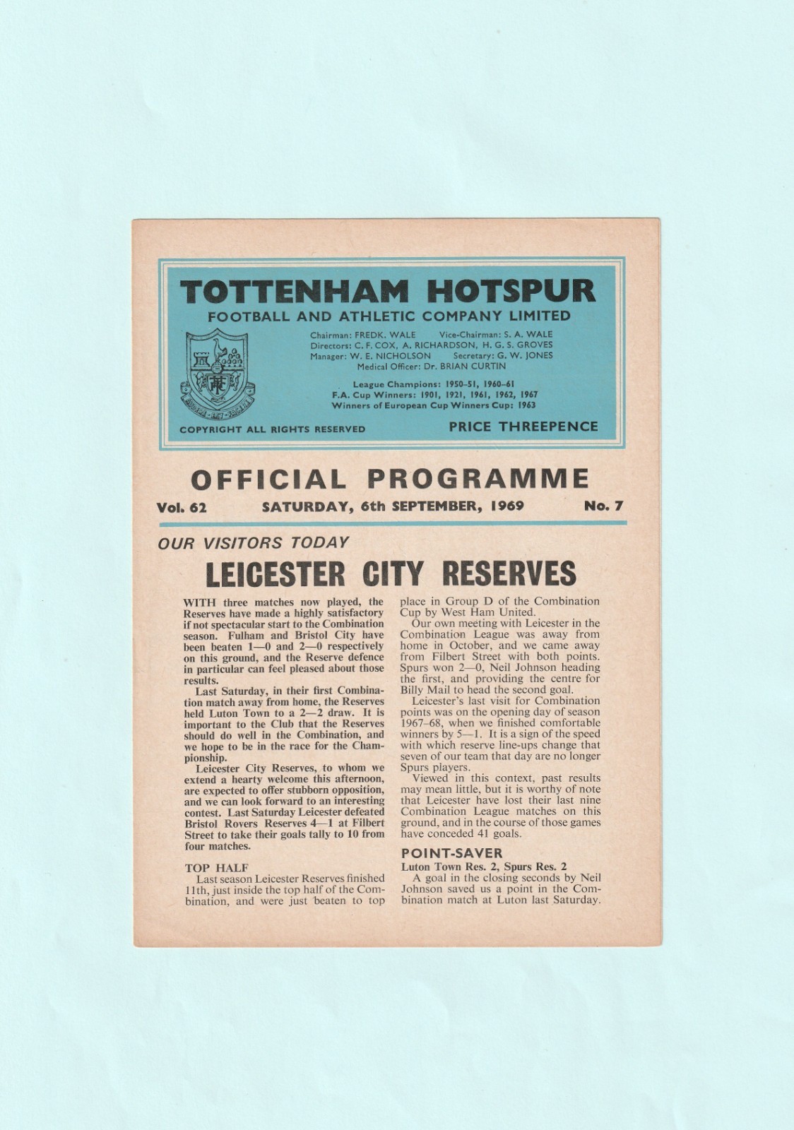 1969-1970 FOOTBALL COMBINATION : TOTTENHAM / SPURS v LEICESTER CITY RESERVES for sale on Ebay