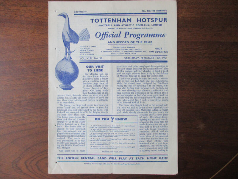 1951 Tottenham v Brentford Reserves Spurs Div One champ season 1950/51 rare vgc for sale on Ebay
