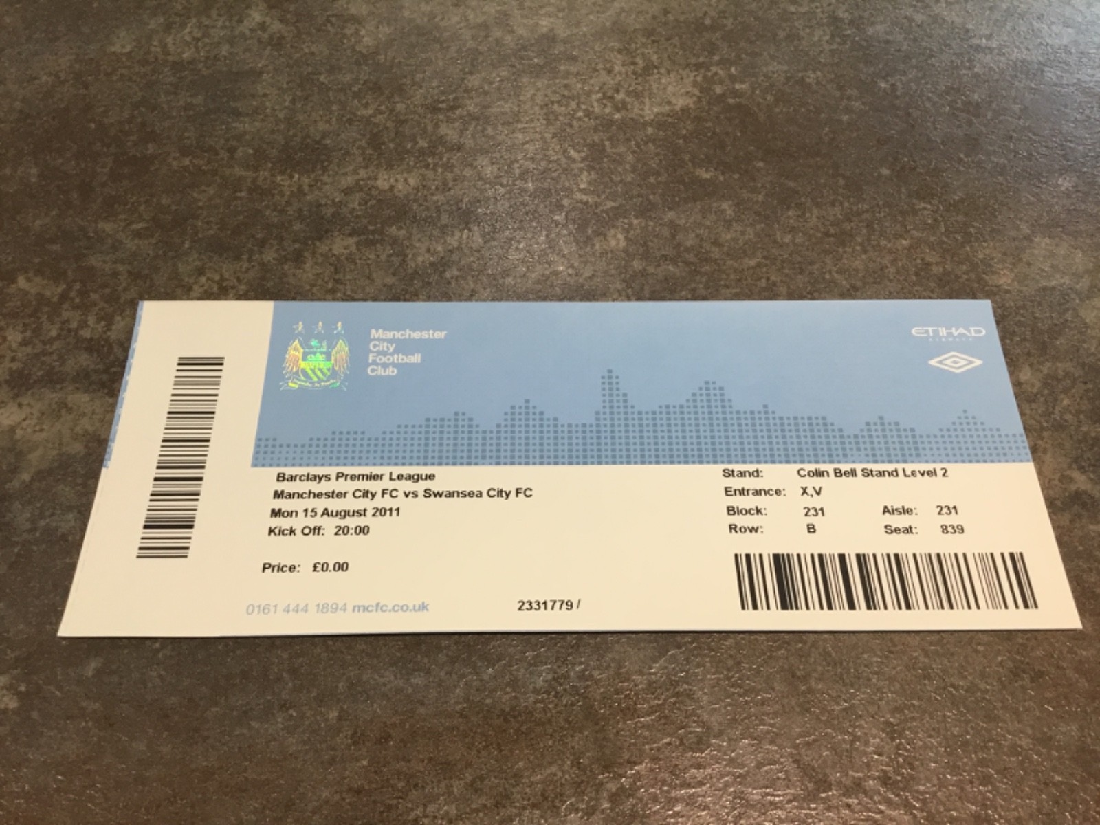 Manchester City v Swansea 15 August 2011 Match Ticket City Title Winning Season for sale on Ebay