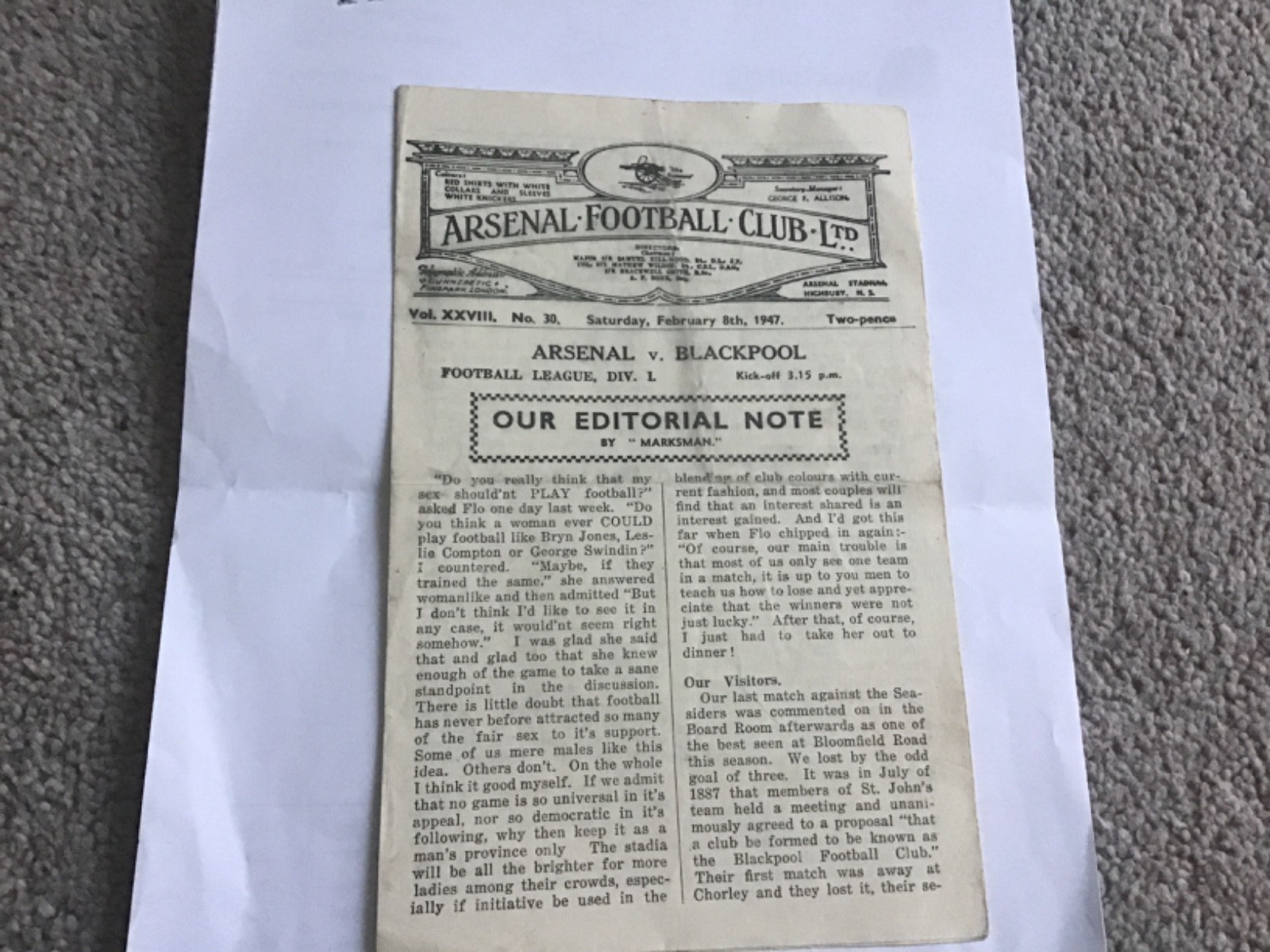 Arsenal v Blackpool Football Programme 8/2/1947. for sale on Ebay