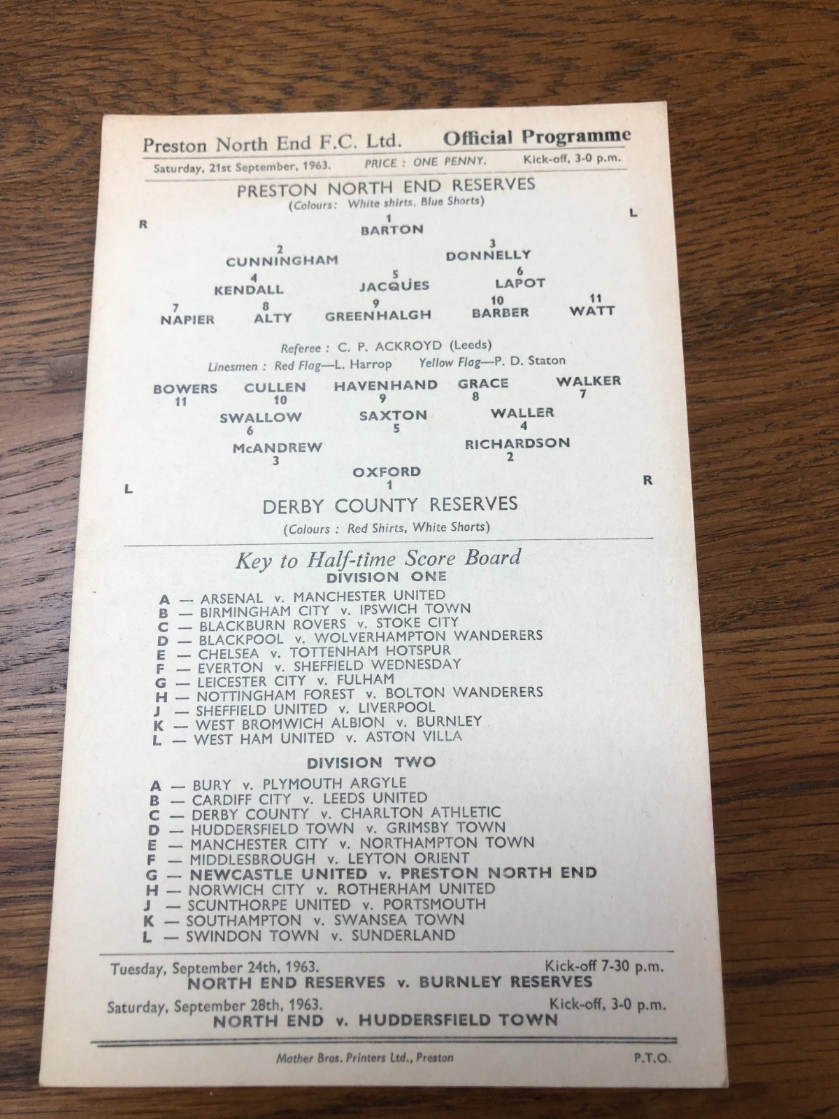 1963 - 1964      Preston North End v Derby County  RESERVES for sale on Ebay