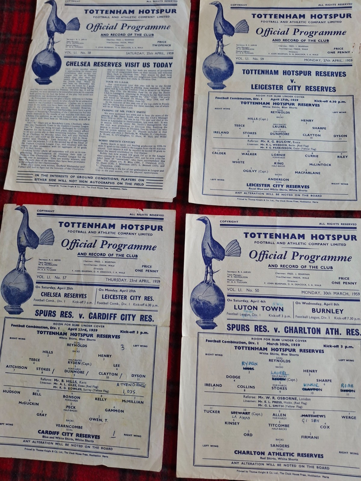 TOTTENHAM RESERVES X 4 1958-59 for sale on Ebay