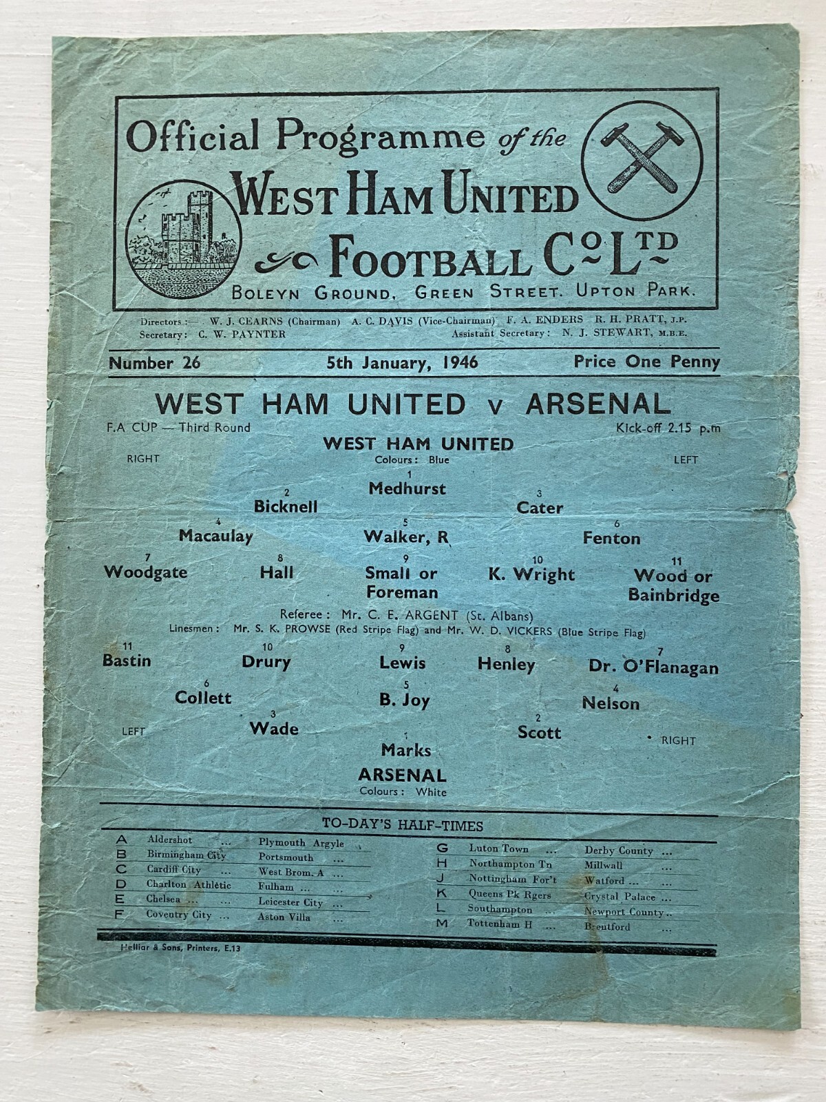 West Ham United v Arsenal - FA Cup 3rd Rd 1946 - 5 January 1946 for sale on Ebay