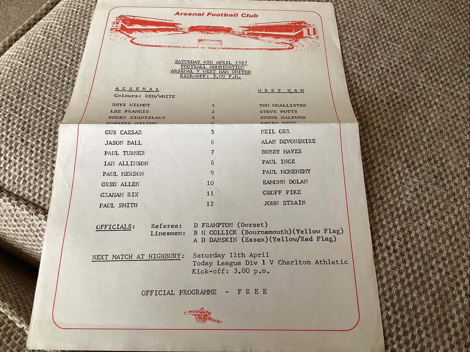 Arsenal v West Ham United s/s reserve programme 4/4/87 for sale on Ebay