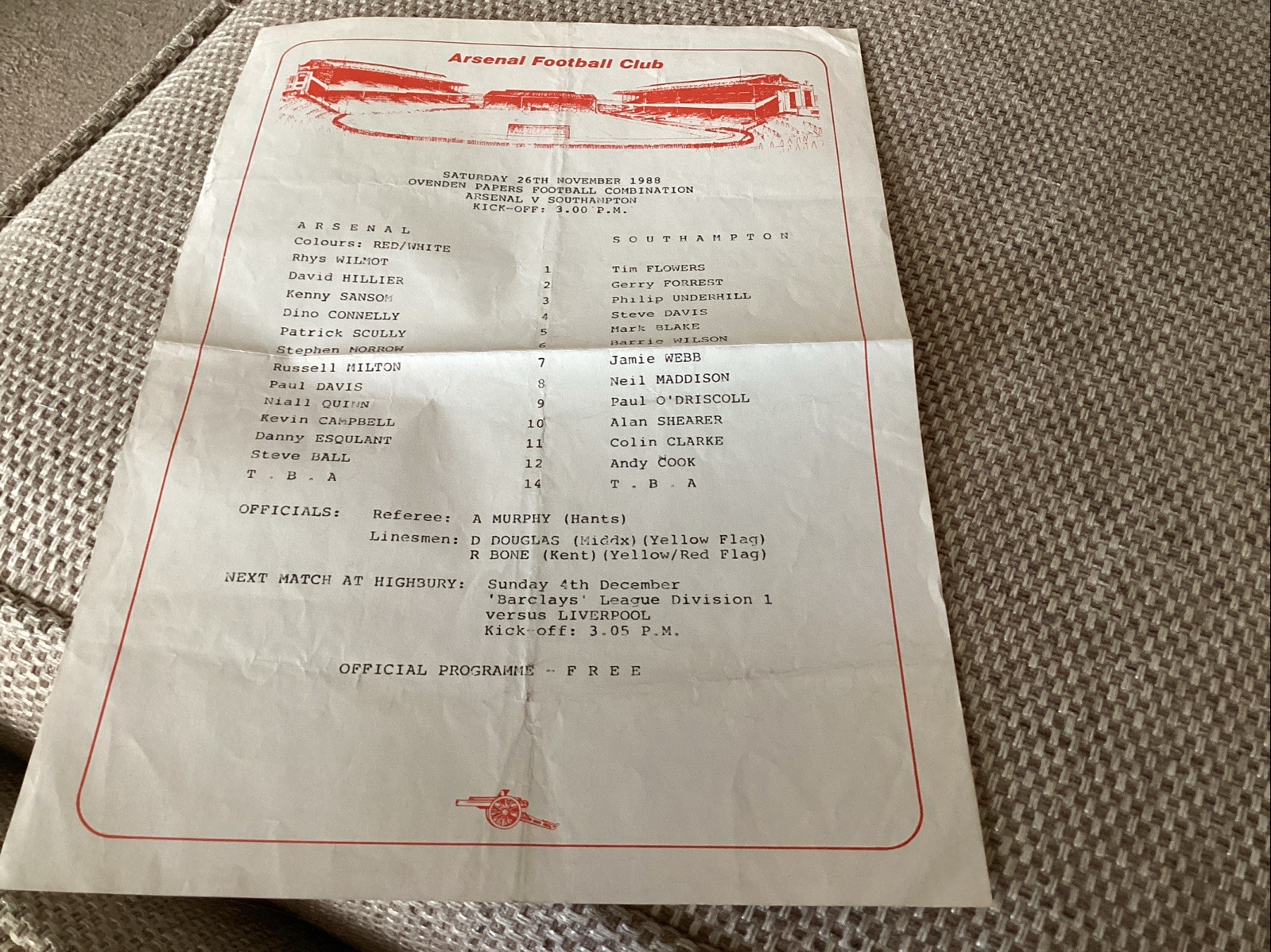 Arsenal v Southampton s/s reserves programme 26/11/88 for sale on Ebay