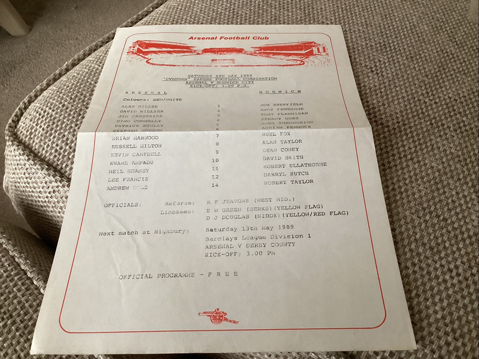 Arsenal v Norwich City s/s reserves prog. 6/5/89 for sale on Ebay