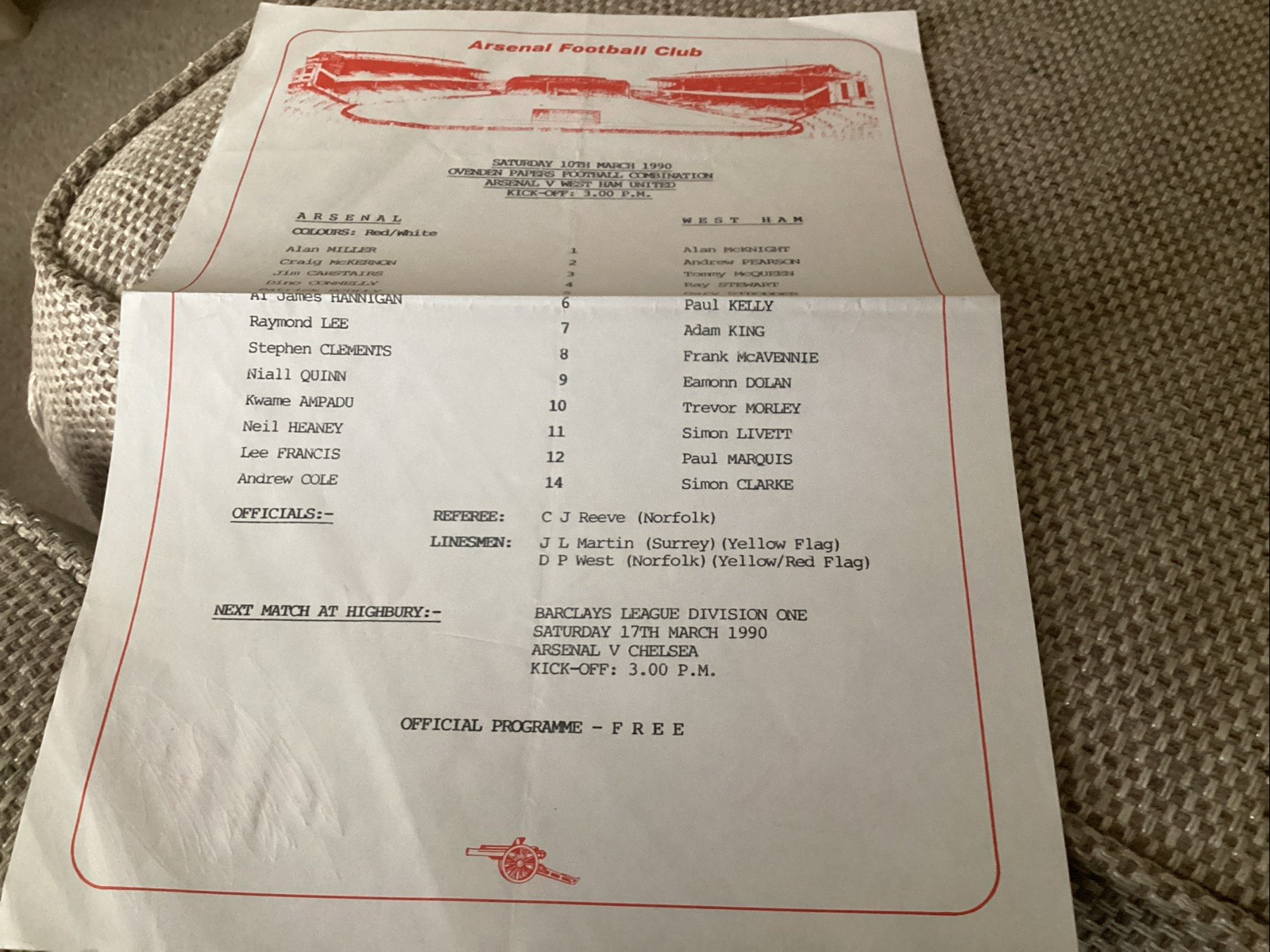 Arsenal v West Ham United s/s Reserves programme 10/3/90 for sale on Ebay