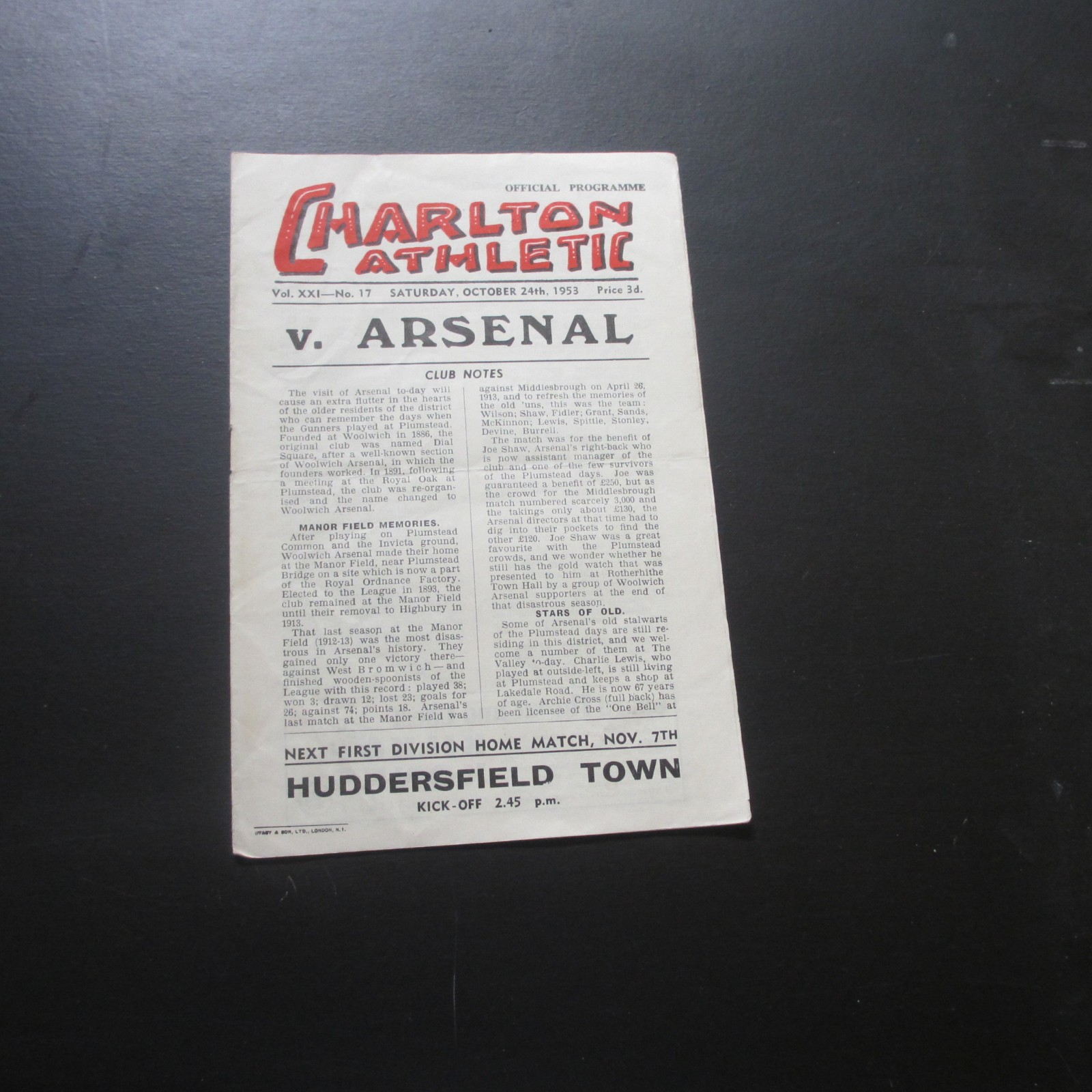 Charlton v Arsenal Div 1 1953/4 for sale on Ebay