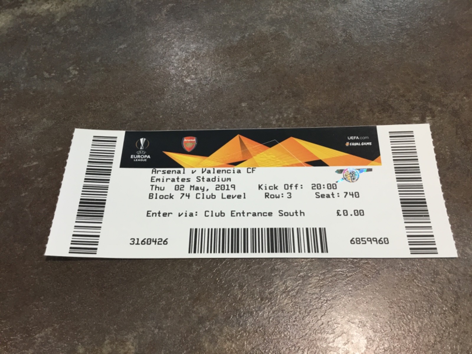 Arsenal v Valencia 2 May 2019 Europa League Match Ticket for sale on Ebay