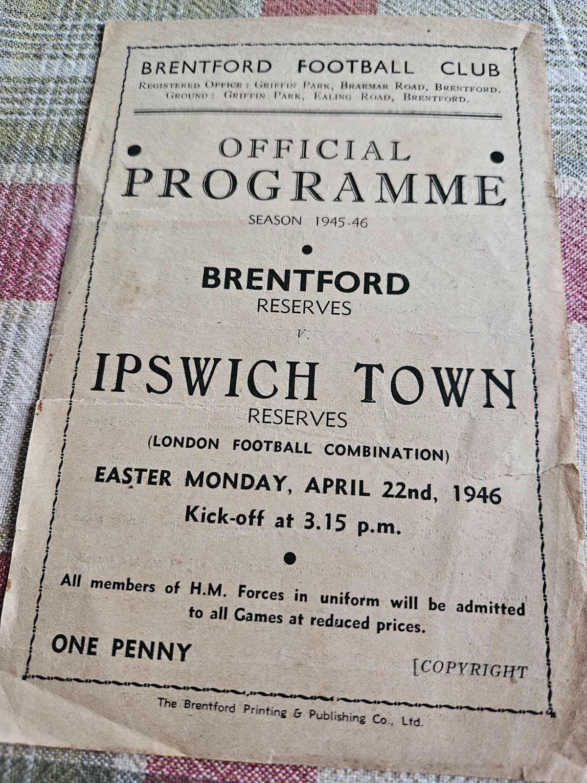 Brentford v Ipswich Reserves 1945/46 for sale on Ebay