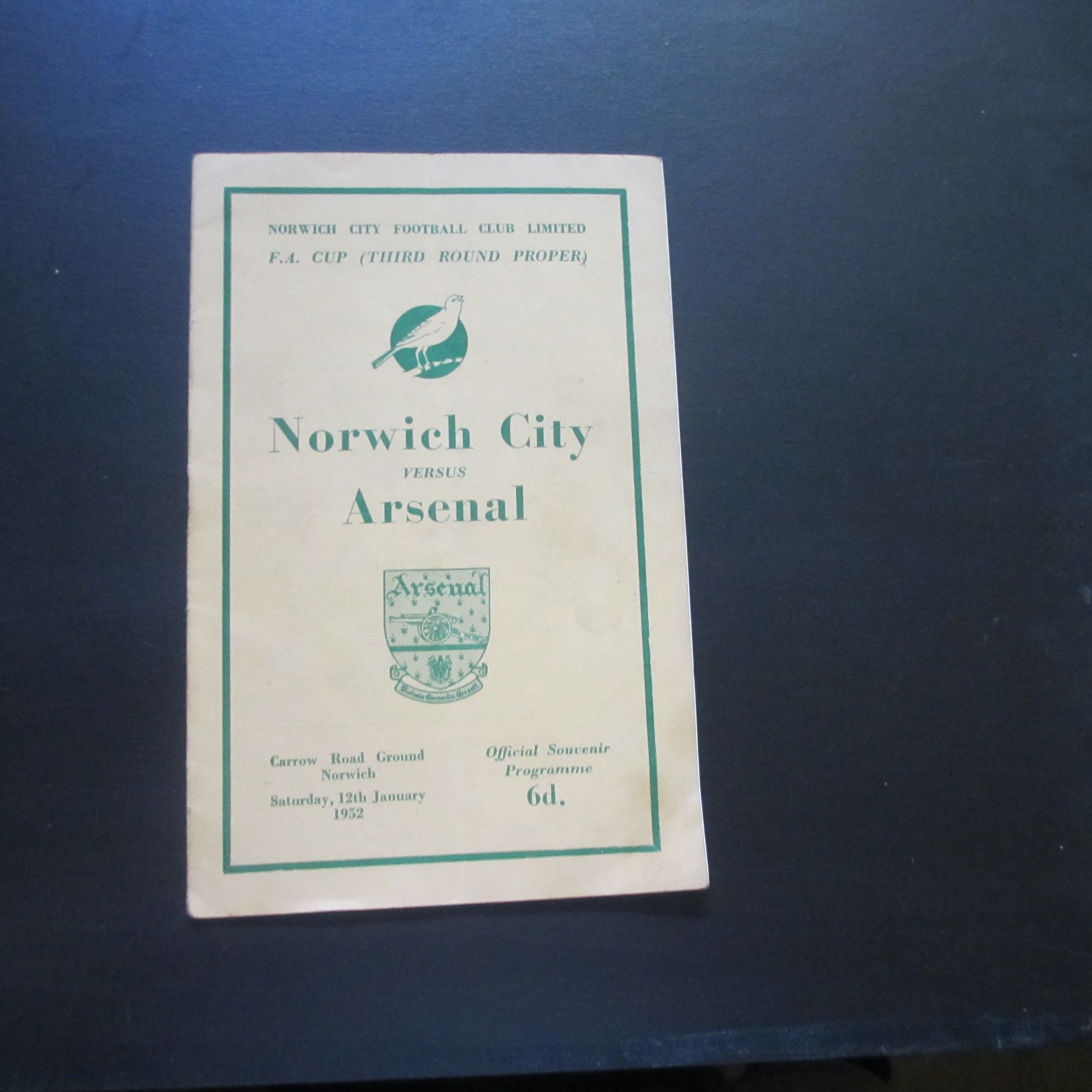 Norwich v Arsenal FA Cup 3rd Rd 1951/2 for sale on Ebay