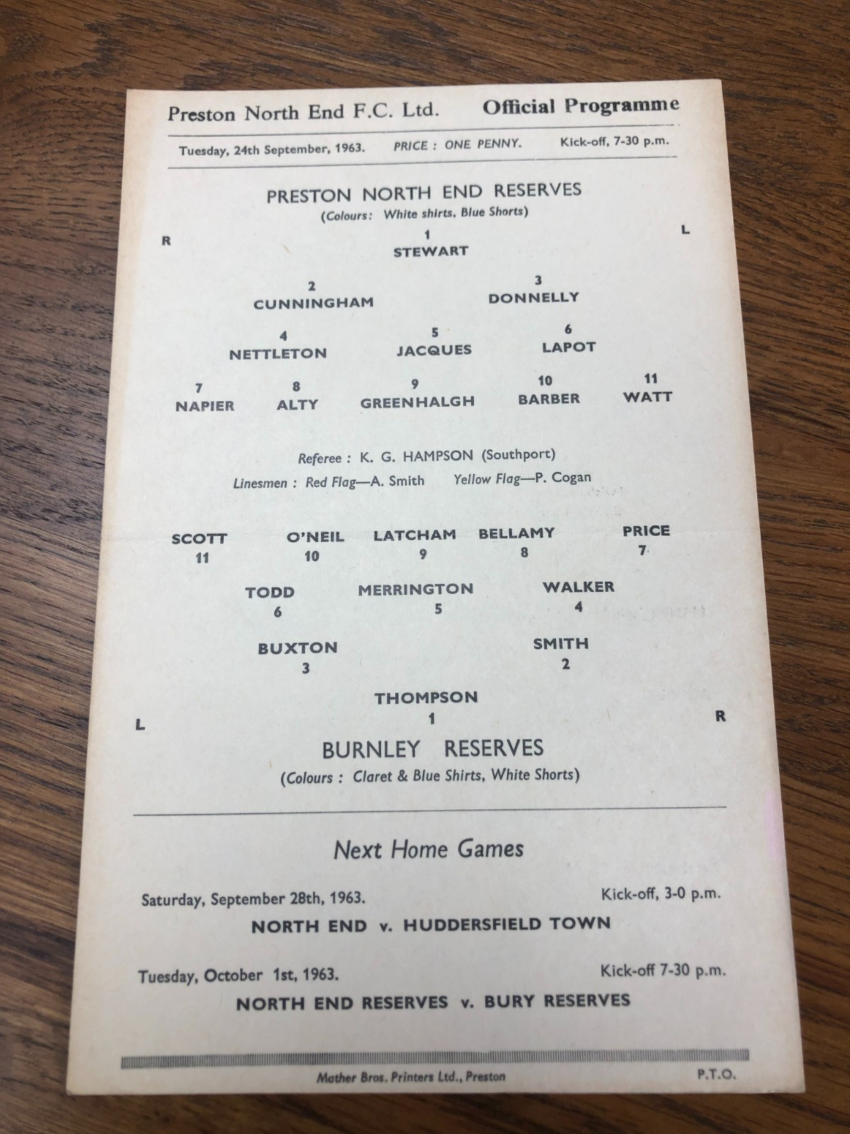 1963 - 1964      Preston North End v Burnley  RESERVES for sale on Ebay