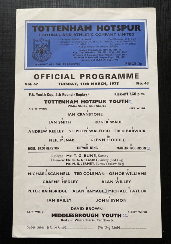 Tottenham Hotspur Youth v Middlesbrough Youth 1974-1975 Spurs VeryGood condition for sale on Ebay