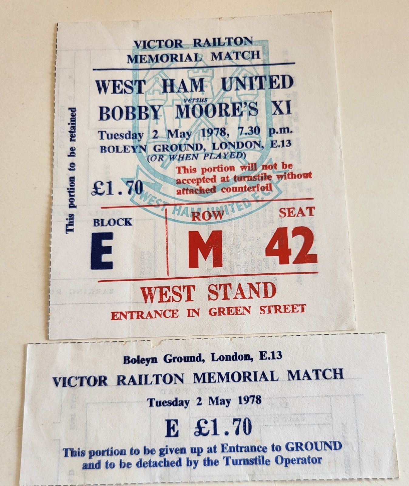 Bobby Moore X1 v West Ham Utd  1978 Vic Railton Memorial MatchTicket Stubs x 2 for sale on Ebay