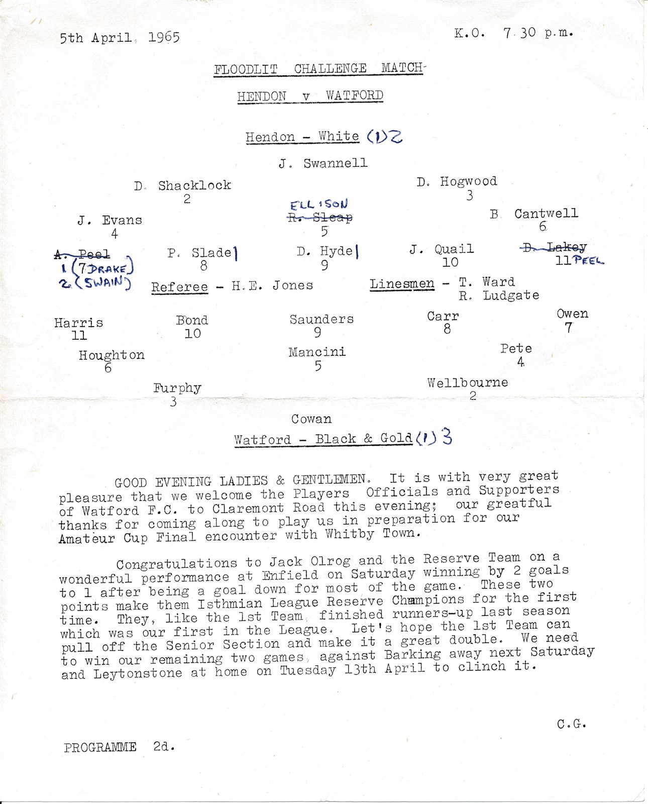 Hendon v Watford (Friendly) 1964/1965 - single sheet football programme for sale on Ebay