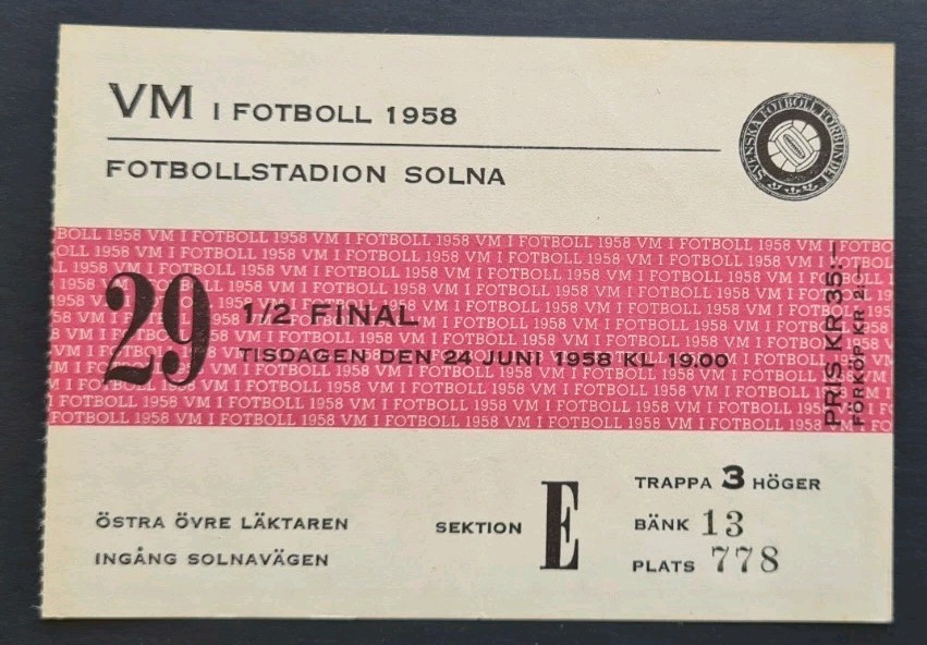 1958 Original World Cup Semi Final Ticket, Brazil V France, VG Condition 1 Fold for sale on Ebay
