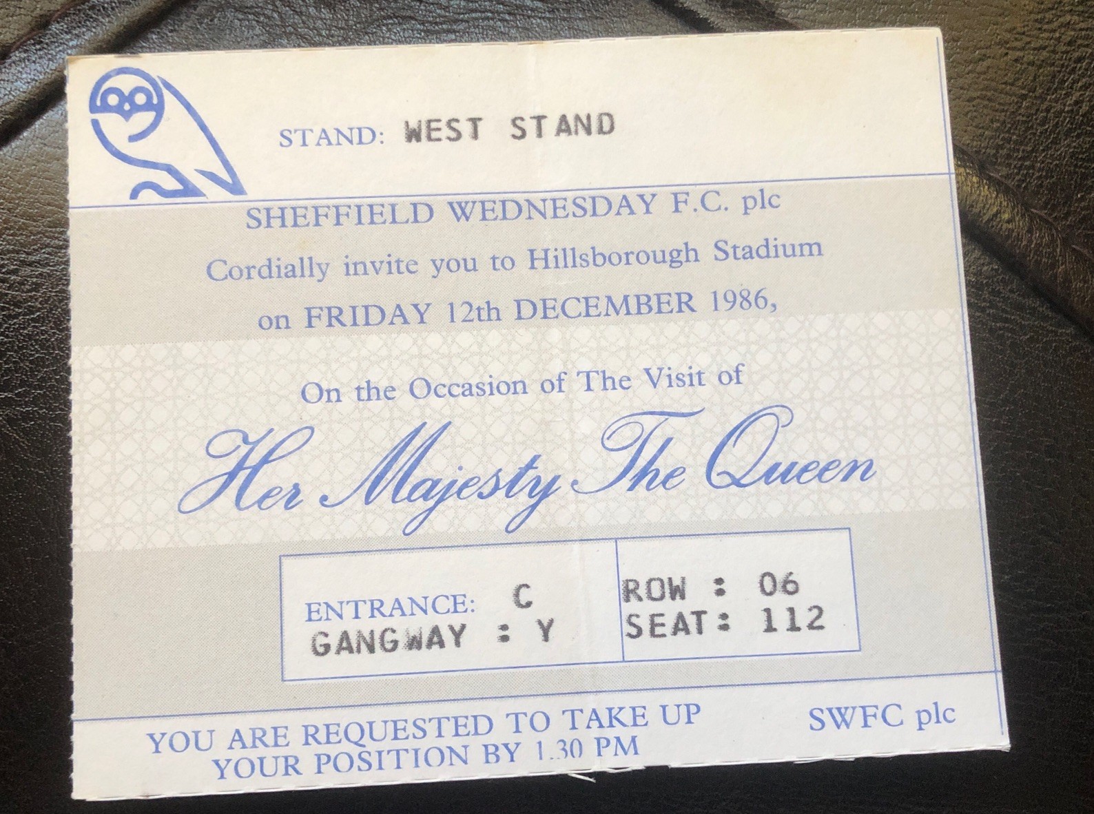 Sheffield Wednesday Ticket For The Visit Of The Queen To Hillsborough 12/12/86 for sale on Ebay