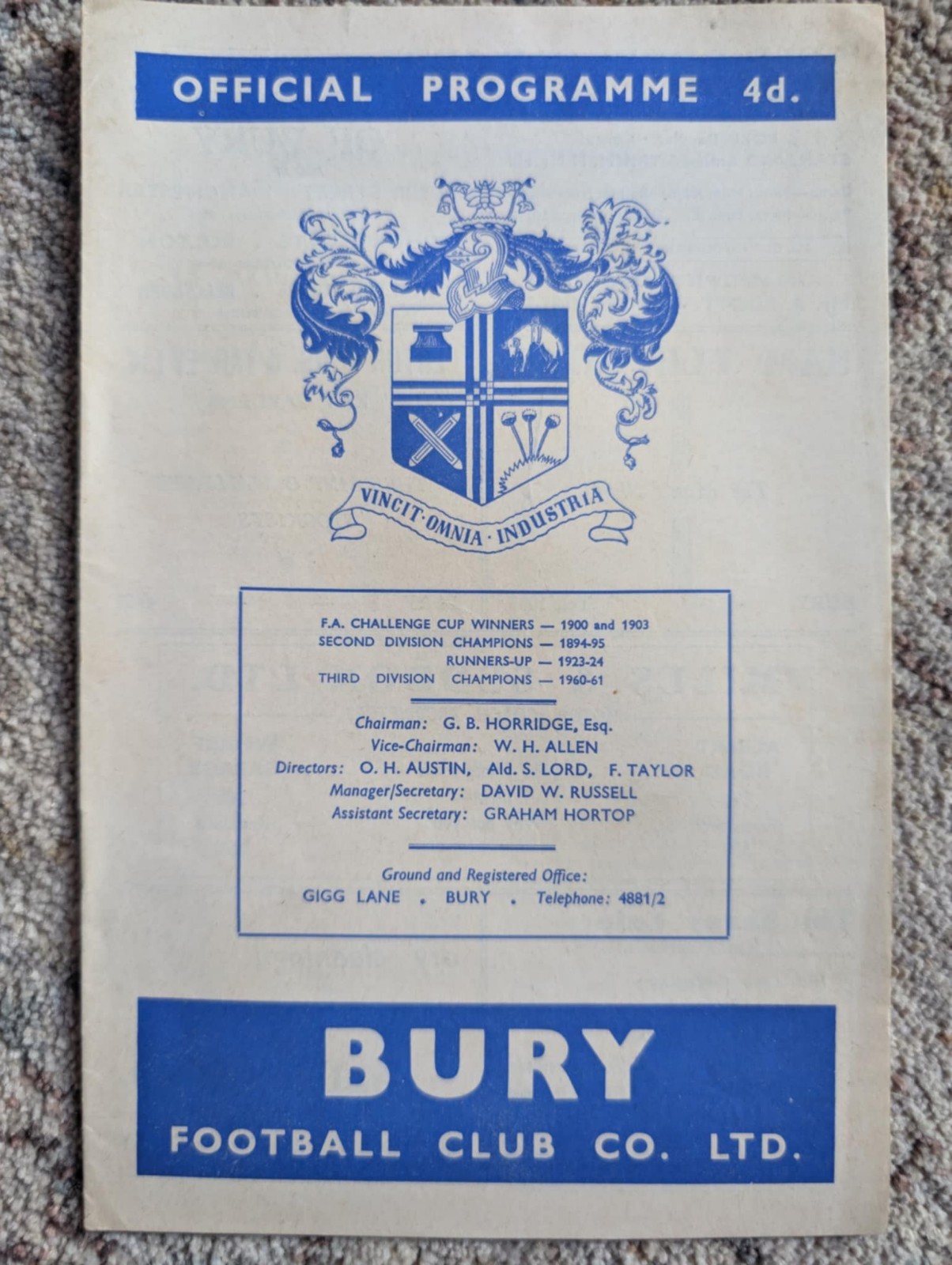 Bury Football Club Match Day Programme-Saturday 25 November 1961-Plymouth Argyle for sale on Ebay