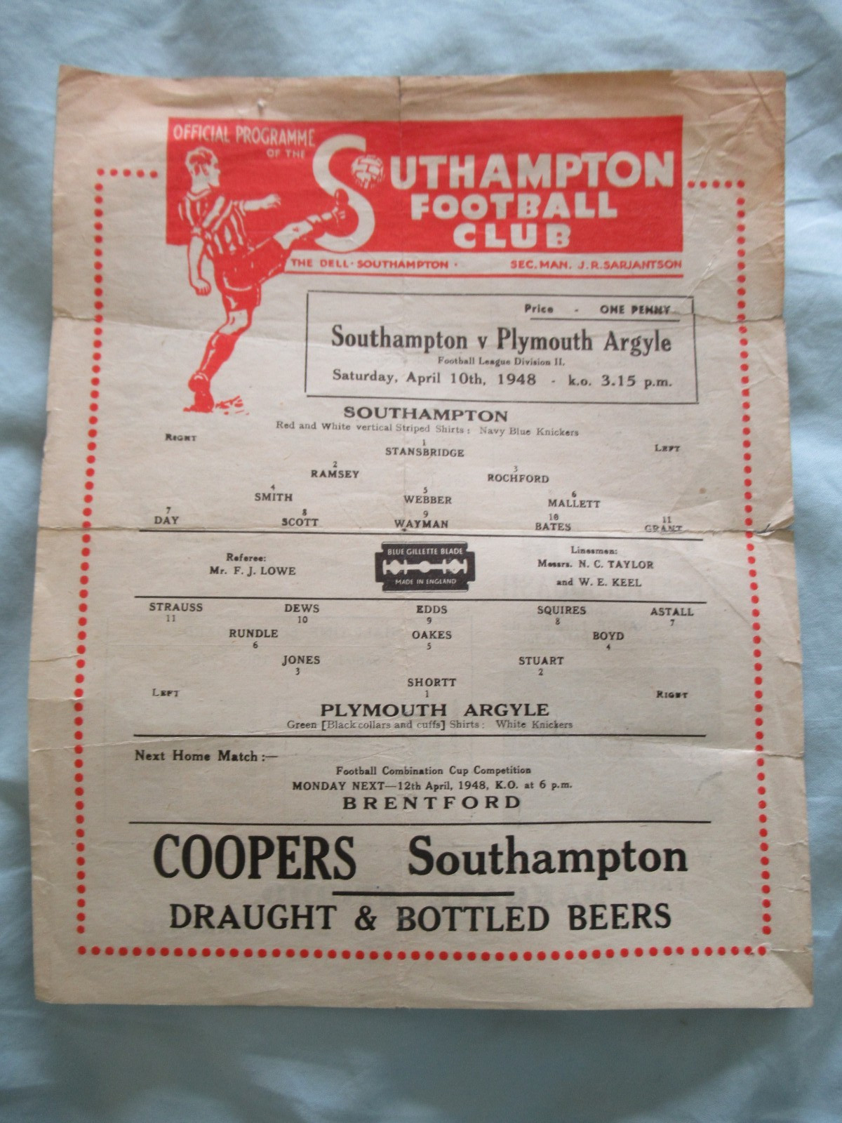 Southampton v Plymouth Argyle 10th April 1948 Division 2 for sale on Ebay