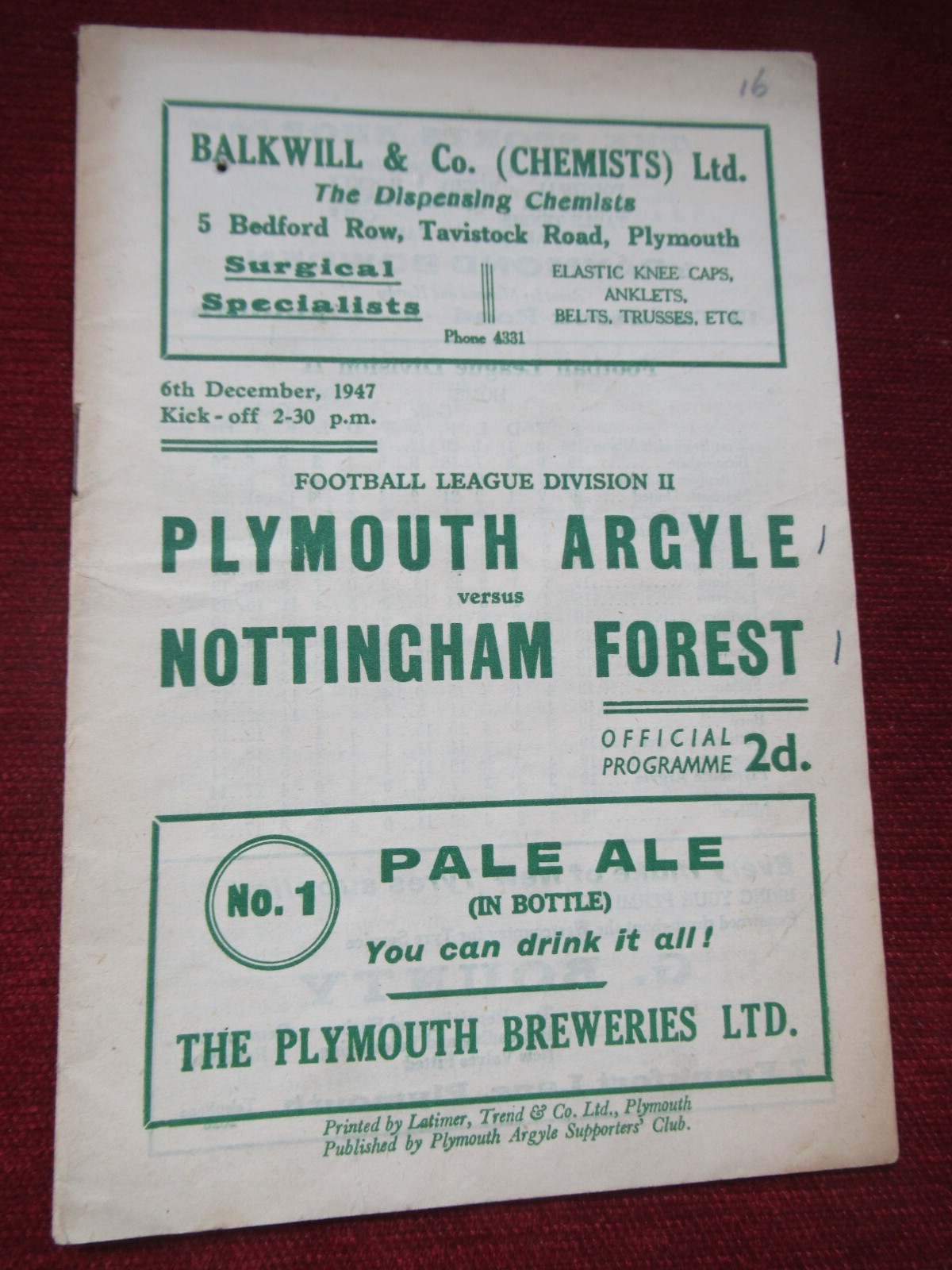 Plymouth Argyle v Nottingham Forest 6th Dec 1947 Division 2 for sale on Ebay