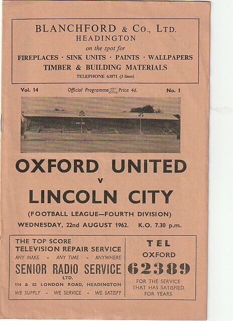PROGRAMME - OXFORD UNITED 1ST HOME LEAGUE MATCH V. LINCOLN CITY 22 AUGUST 1962 for sale on Ebay