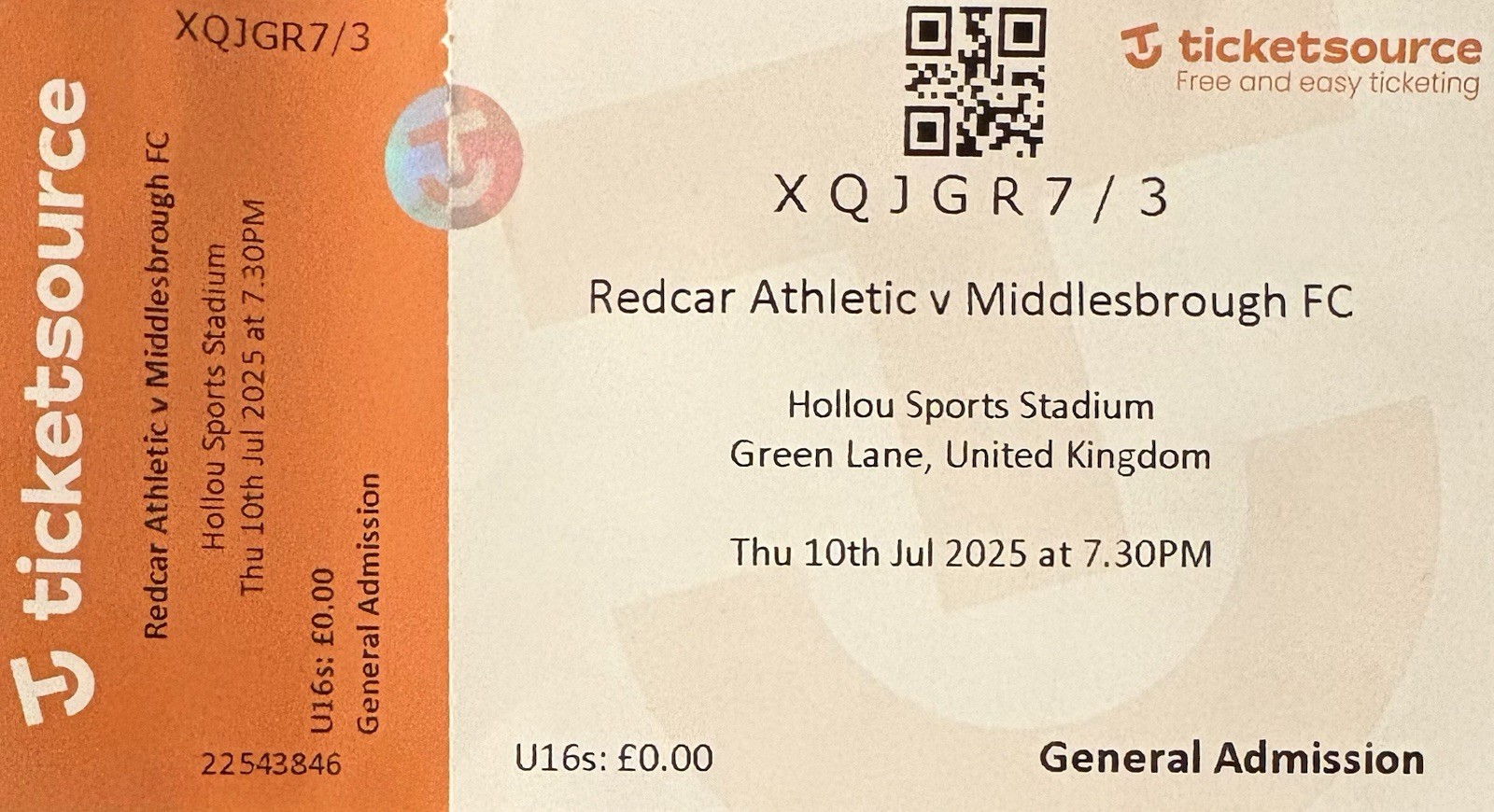 REDCAR ATHLETIC V MIDDLESBROUGH XI 10.07.25 FRIENDLY - TICKET STUB for sale on Ebay