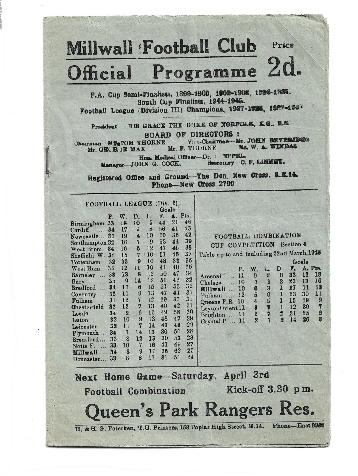 1948 FOOTBALL PROGRAMME MILLWALL v BRENTFORD AT THE DEN for sale on Ebay