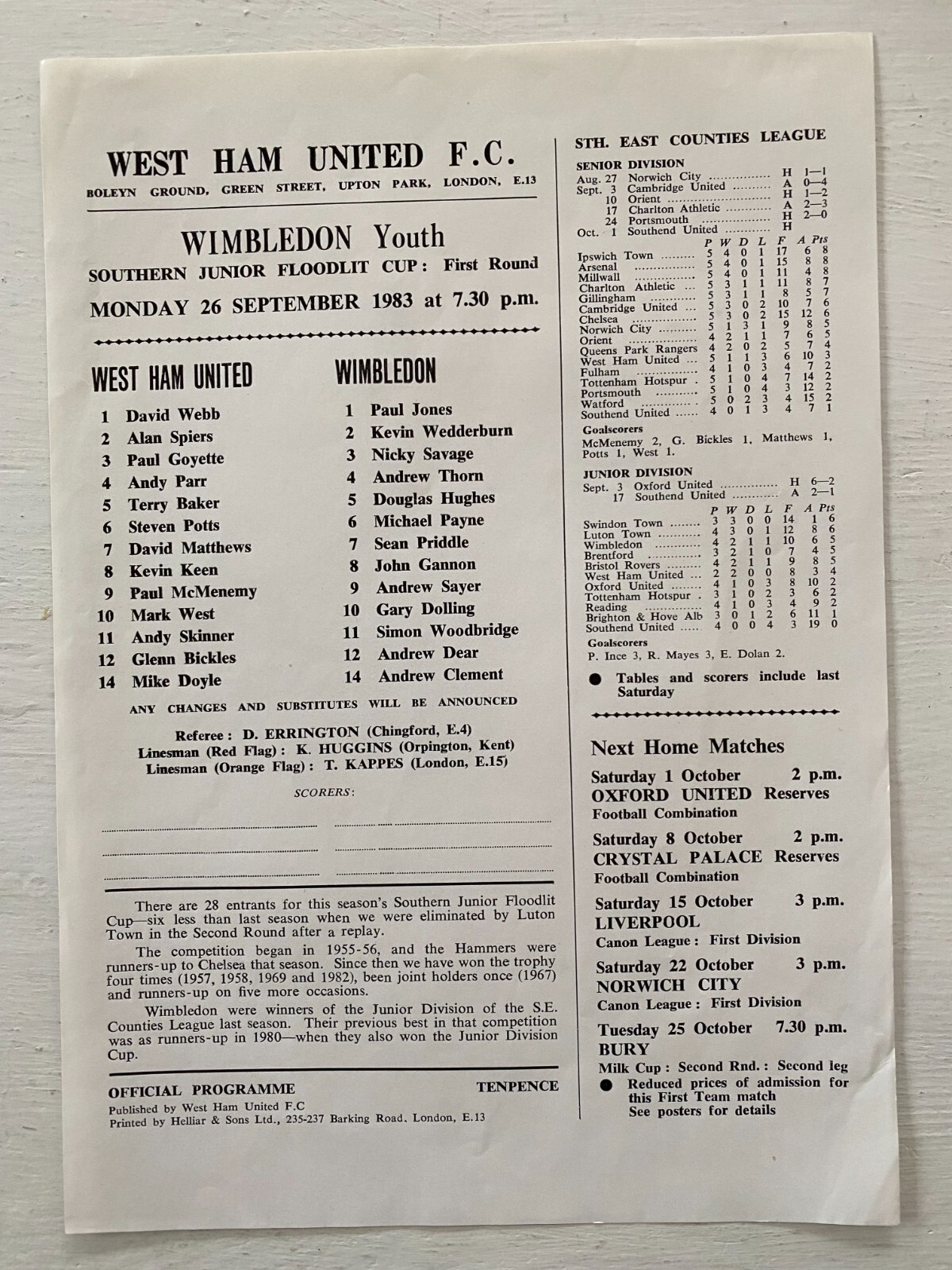 West Ham United Yth v Wimbledon Yth - SJFC 1st Rd 1983/84 - 26 September 1983 for sale on Ebay