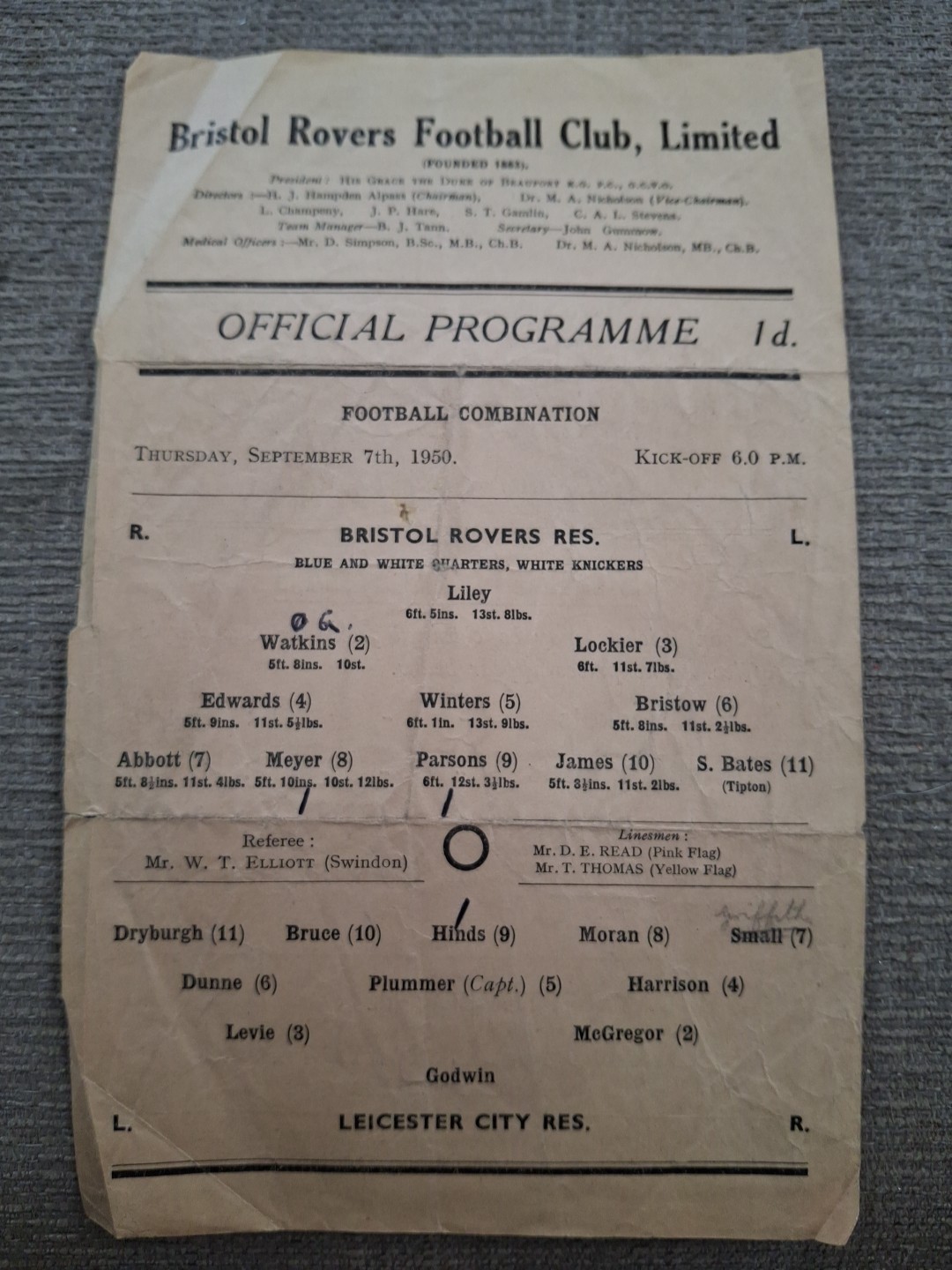Bristol Rovers Reserves v Leicester City Res programme.  7/9/1950 for sale on Ebay