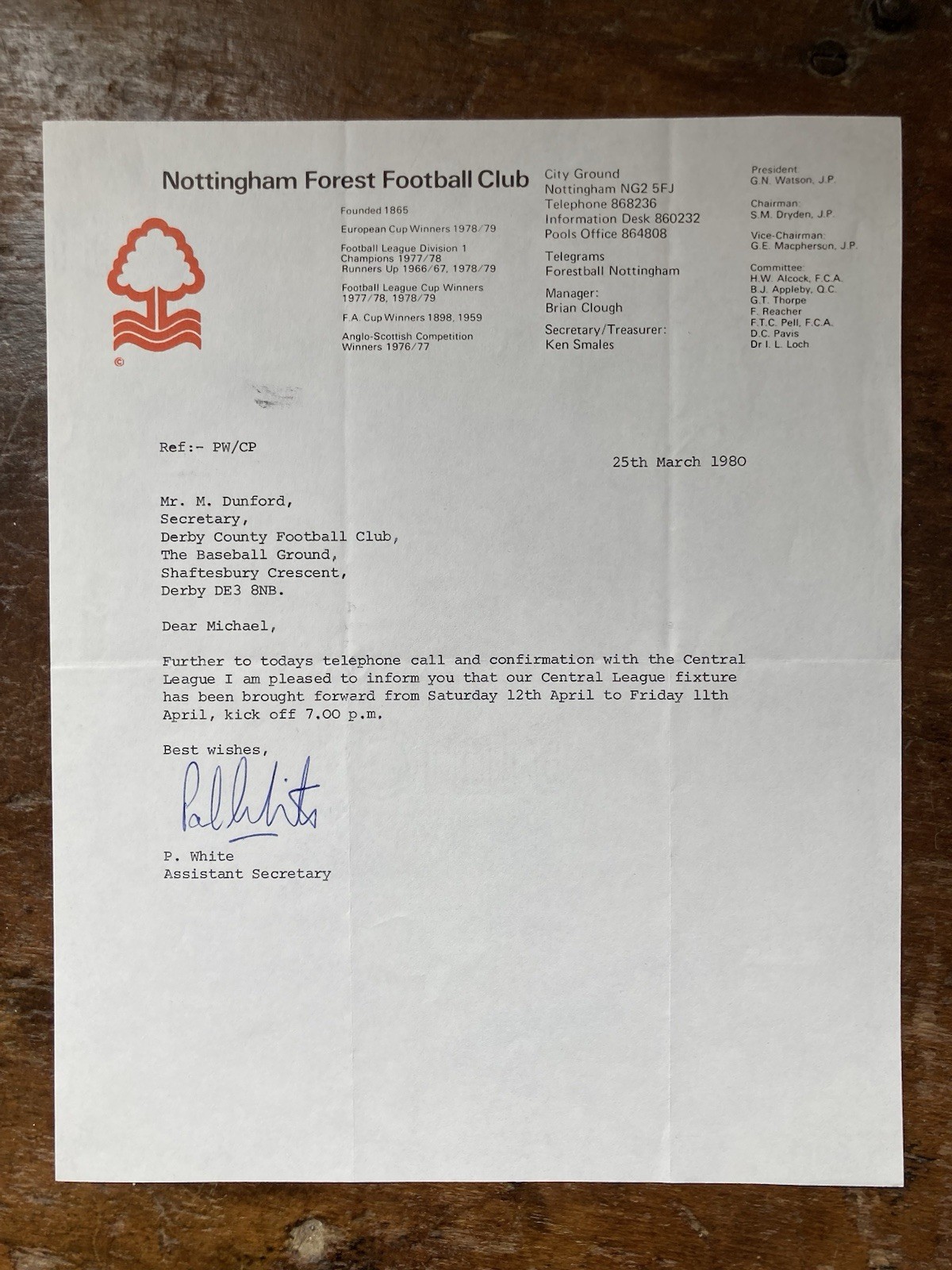 Mar 1980 Nottingham Forest Letter to Derby County re Central League Reserve Game for sale on Ebay