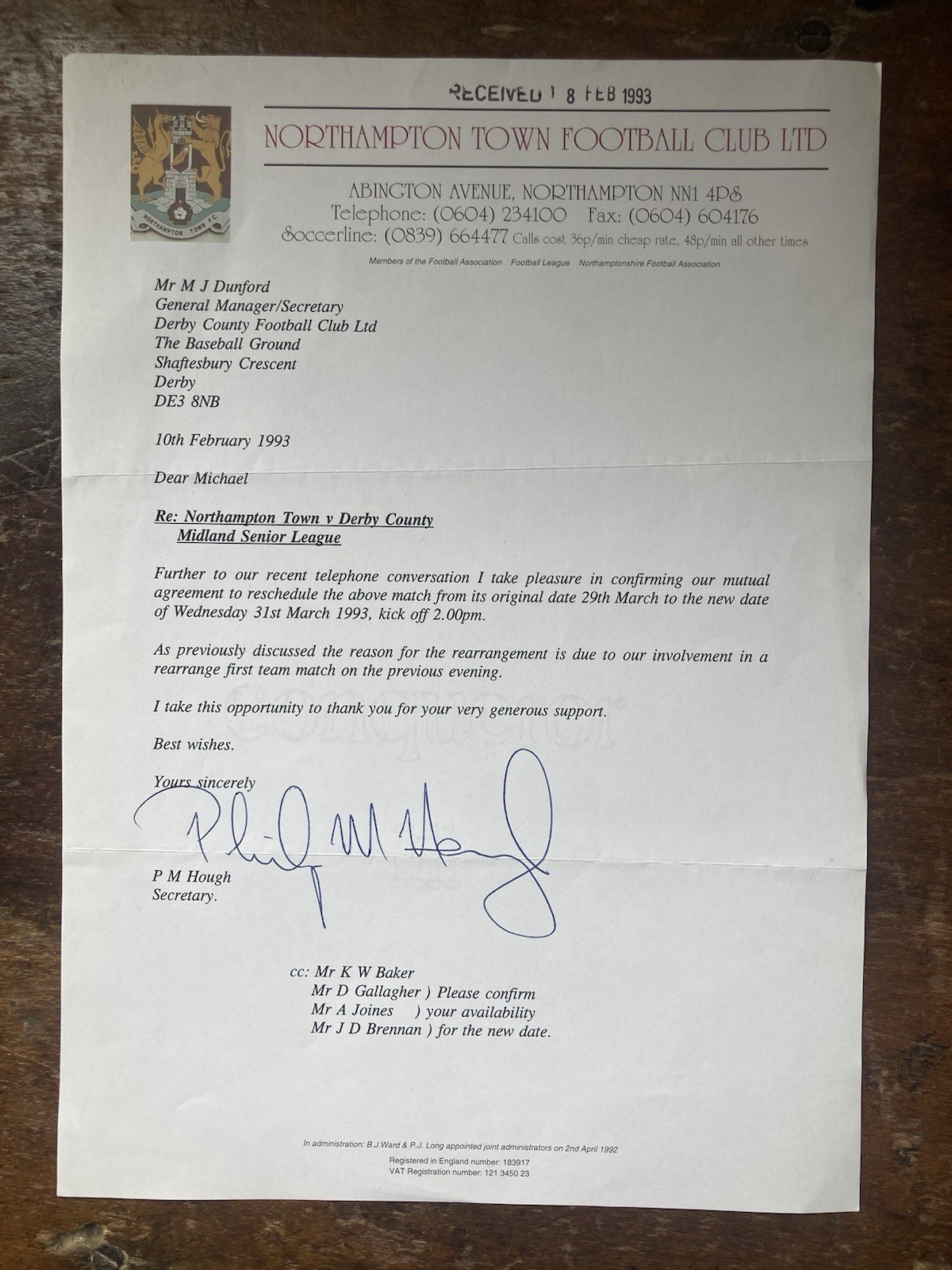 Feb 1993 Northampton Town Letter to Derby County re Rearranged Reserve Fixture. for sale on Ebay