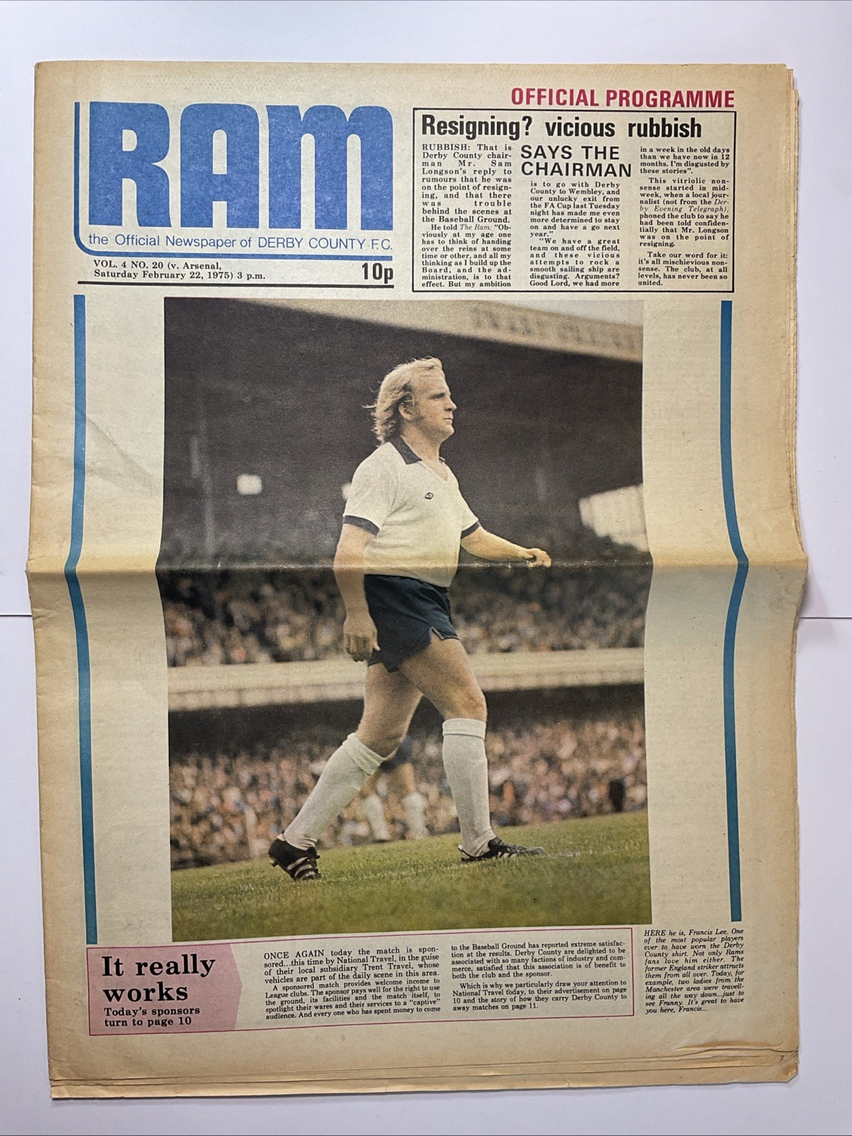 Derby County v Arsenal;  22nd February 1975 for sale on Ebay