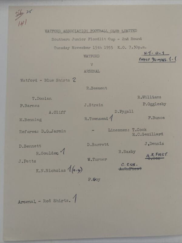 Youth - Watford V Arsenal - 1955/1956 - Southern Junior Floodlit Cup for sale on Ebay