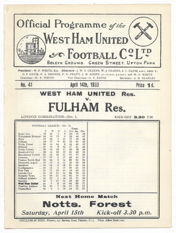 1932/33 Football Combination (Reserves) - WEST HAM UNITED v. FULHAM for sale on Ebay