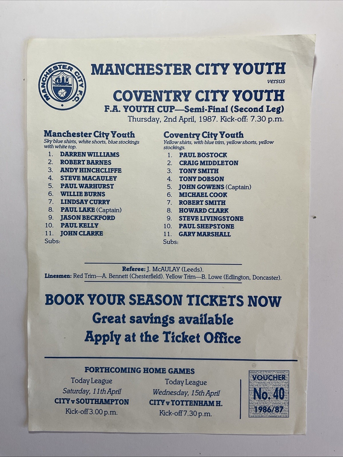 Manchester City v Coventry City;  FA Youth Cup Semi Final, 2nd April 1987 for sale on Ebay