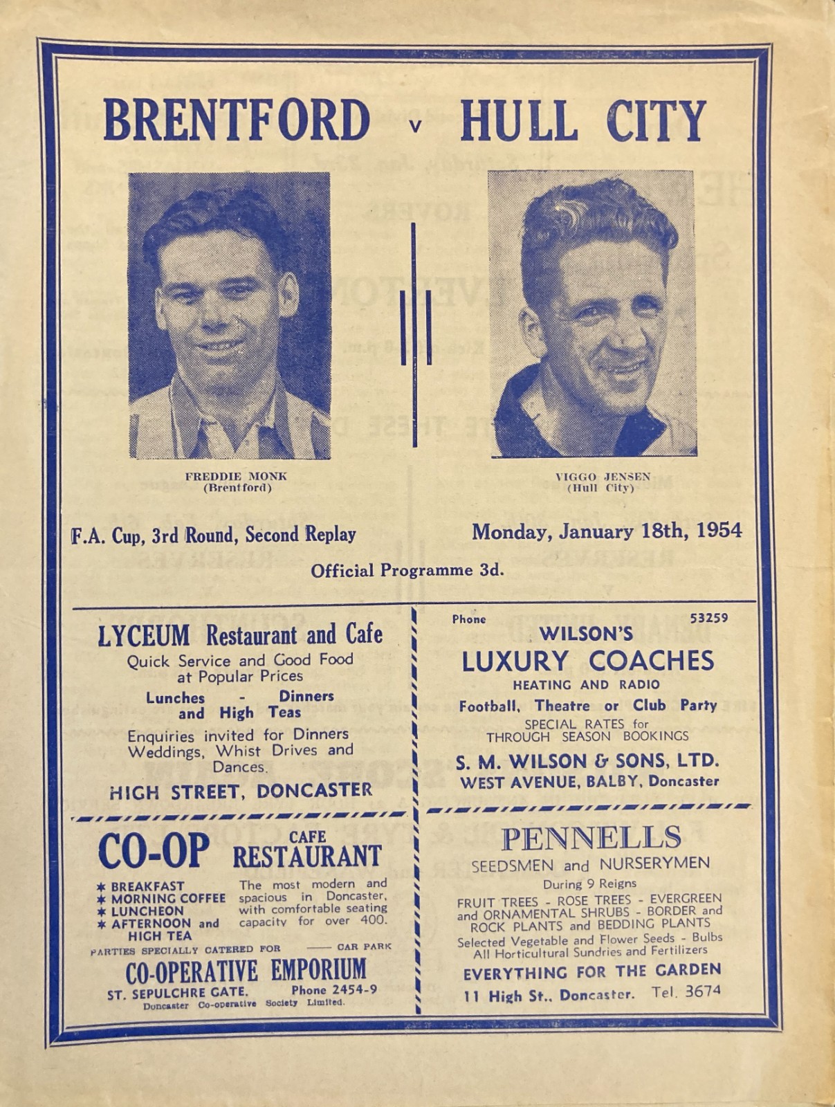 Brentford v Hull City F A Cup 3rd round 2nd replay at Doncaster 1953/54 + report for sale on Ebay