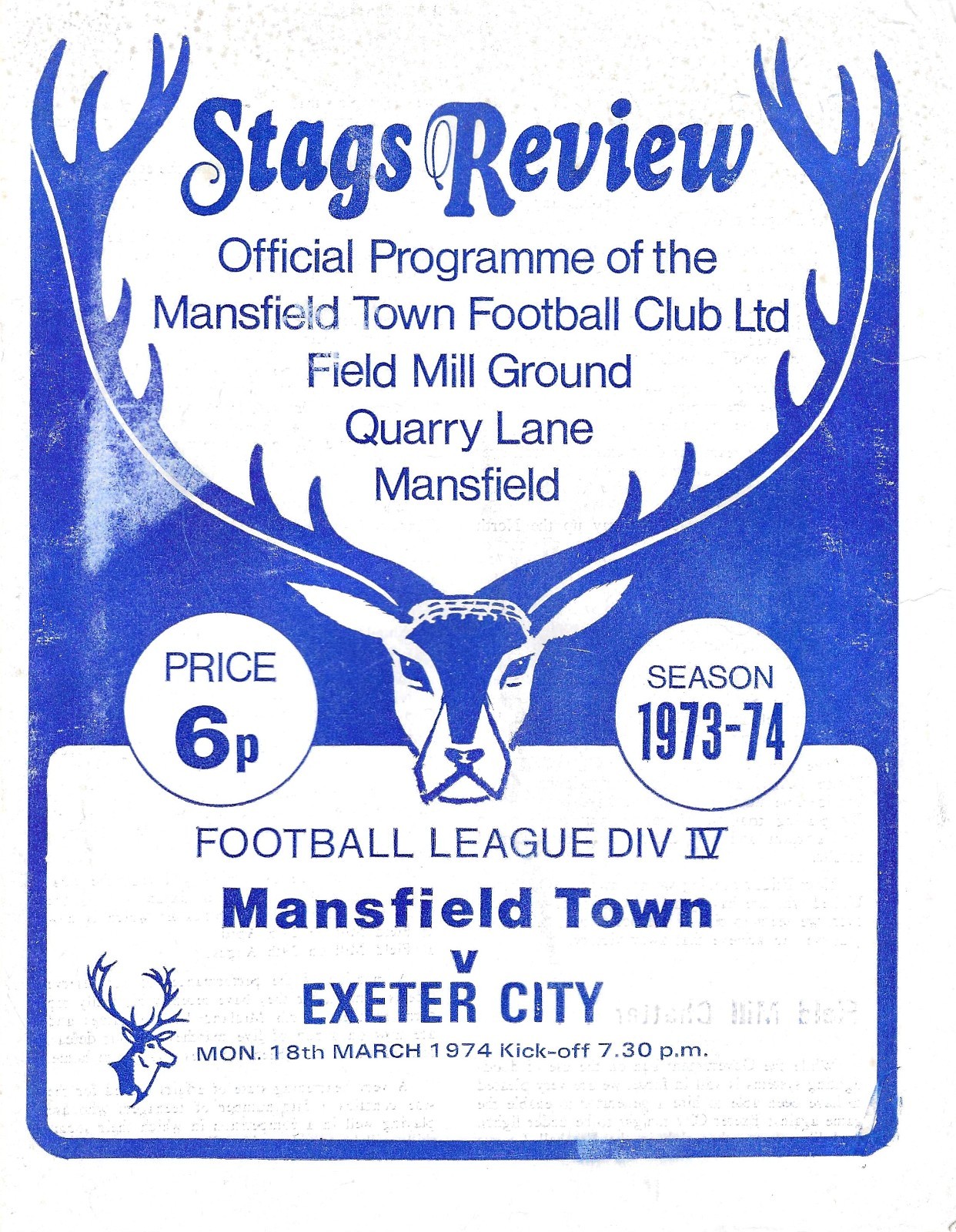 MANSFIELD TOWN V EXETER CITY ~ 18 MARCH 1974 ~ 4 PAGE  FOOTBALL PROGRAMME for sale on Ebay