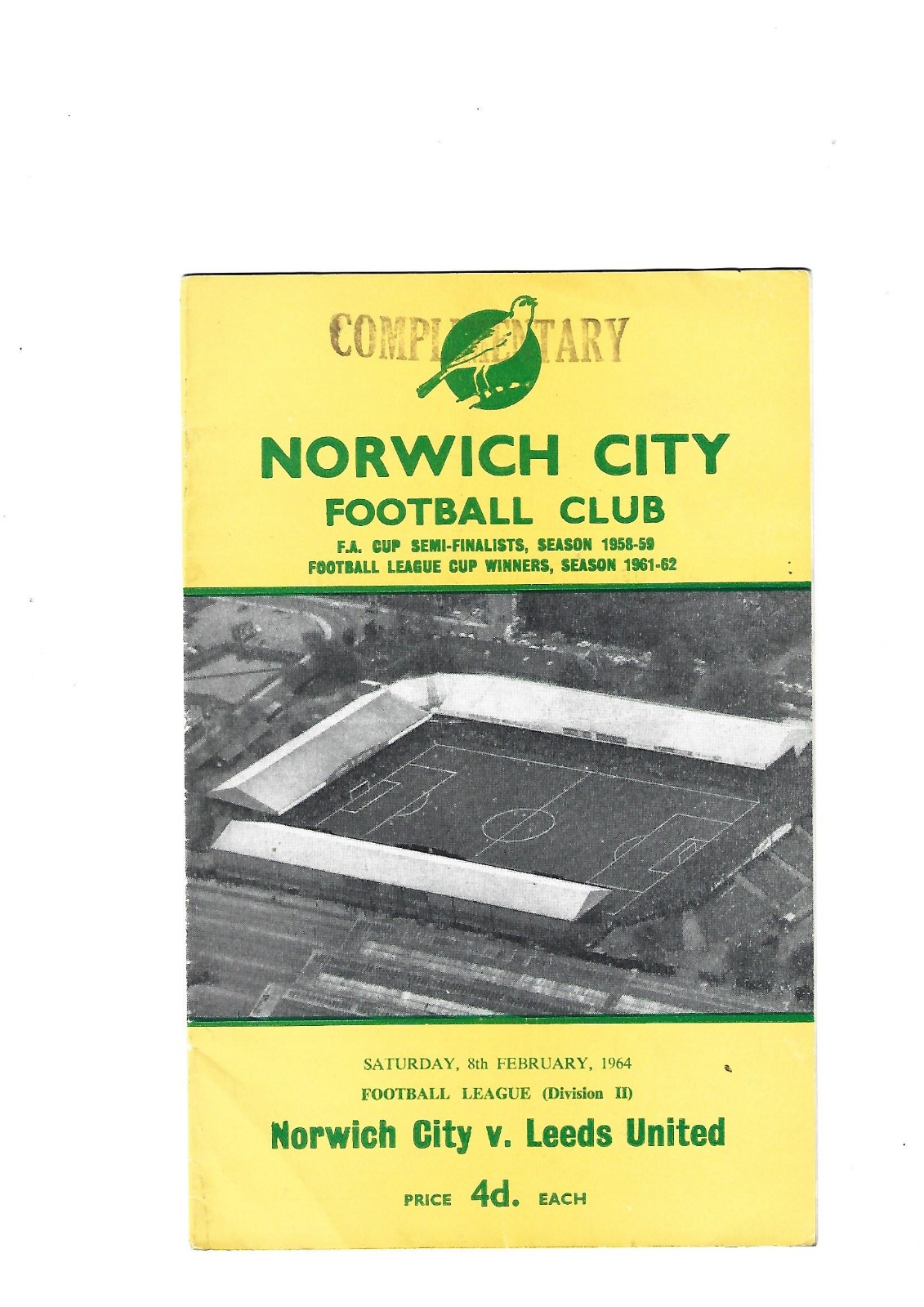 NORWICH CITY FC  VS LEEDS UNITED FC  FEBRUARY 1964 for sale on Ebay