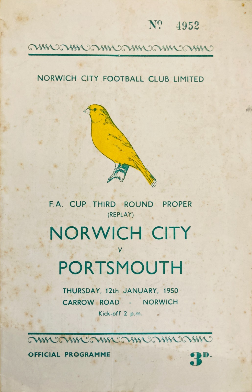 Norwich City v Portsmouth F A Cup 3rd round replay 1949/50 for sale on Ebay