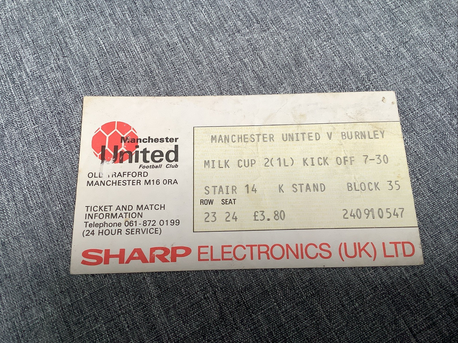 MANCHESTER UNITED V BURNLEY MILK CUP SECOND ROUND FIRST LEG MATCH TICKET 1984 for sale on Ebay